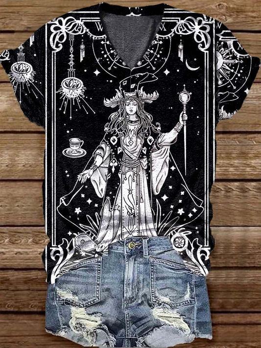 Unisex Tarot Witch Astrology Pattern Casual V-Neck Short Sleeve T-Shirt