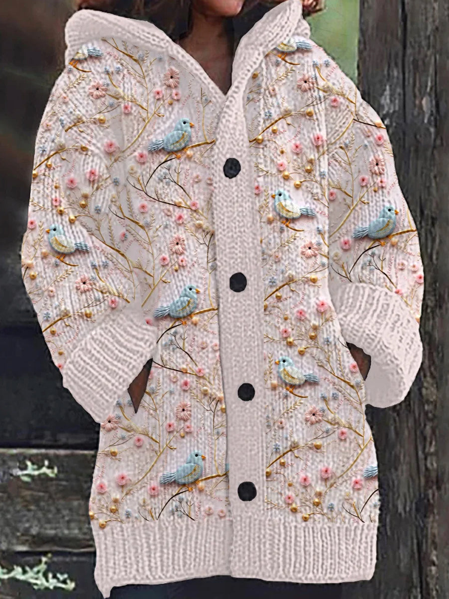 Vintage Bird Embroidered Art Print Button Thick Long Sleeve Hooded Cardigan