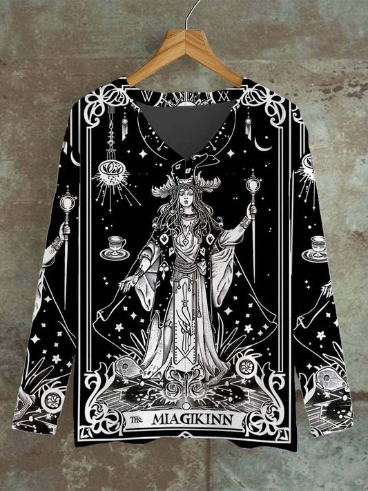 Unisex Tarot Witch Astrology Pattern Casual V-Neck Long Sleeve T-Shirt