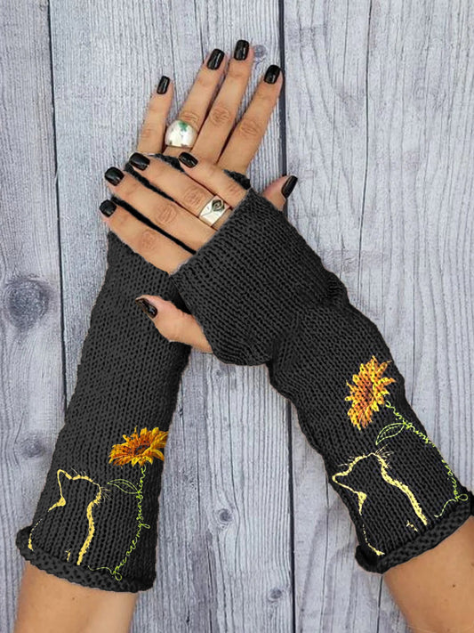 Women's Cat Floral Print Knitted Gloves