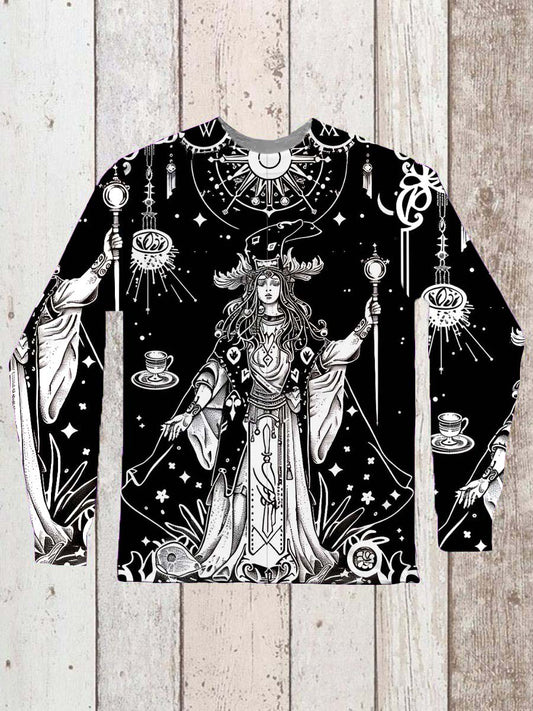 Unisex Tarot Witch Astrology Pattern Casual Round Neck Long Sleeve T-Shirt