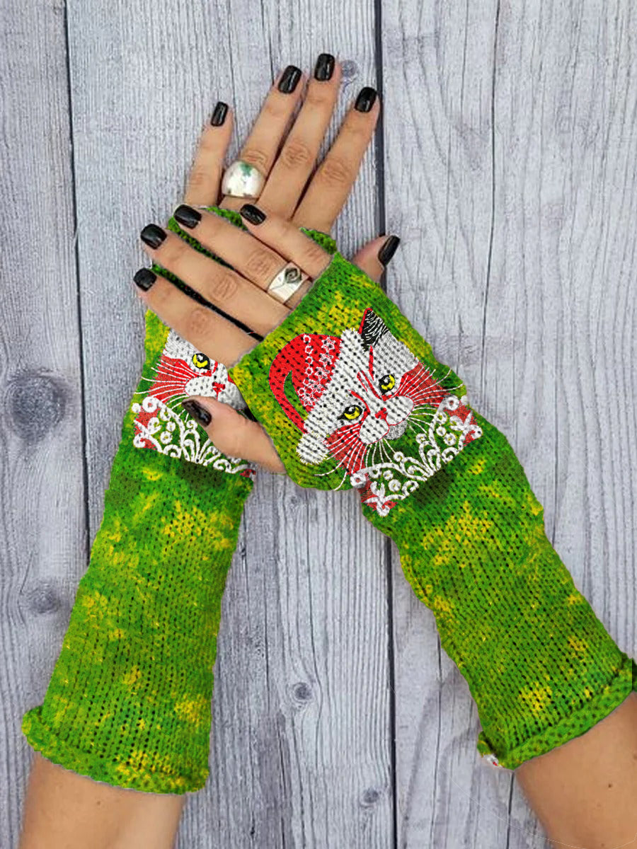 Women's Christmas Cat Print Knitted Gloves