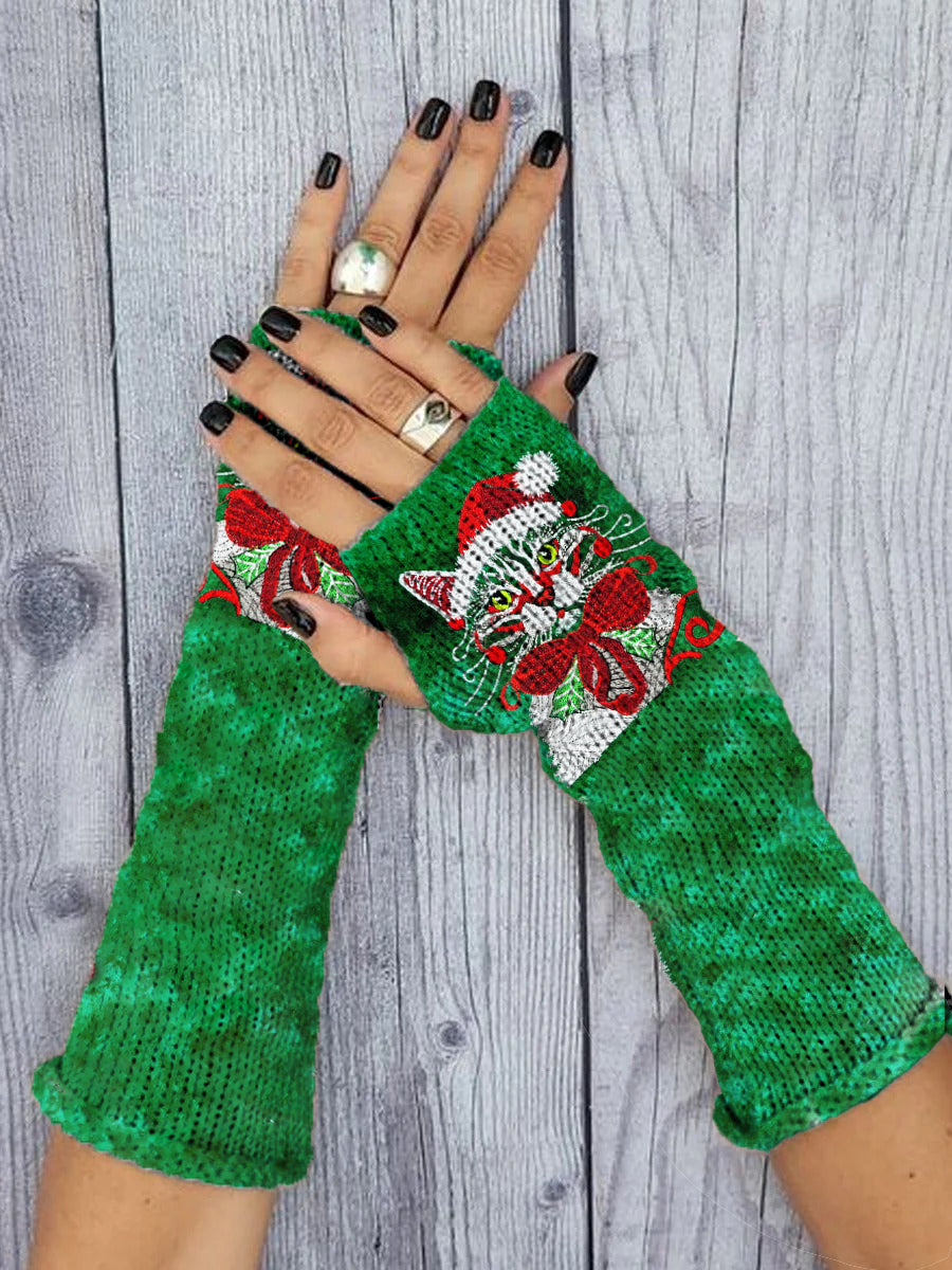 Women's Christmas Cat Print Knitted Gloves