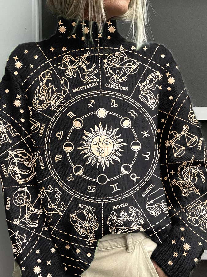 Women's Tarot Sun and Moon Pattern Casual Warm Turtleneck Sweater