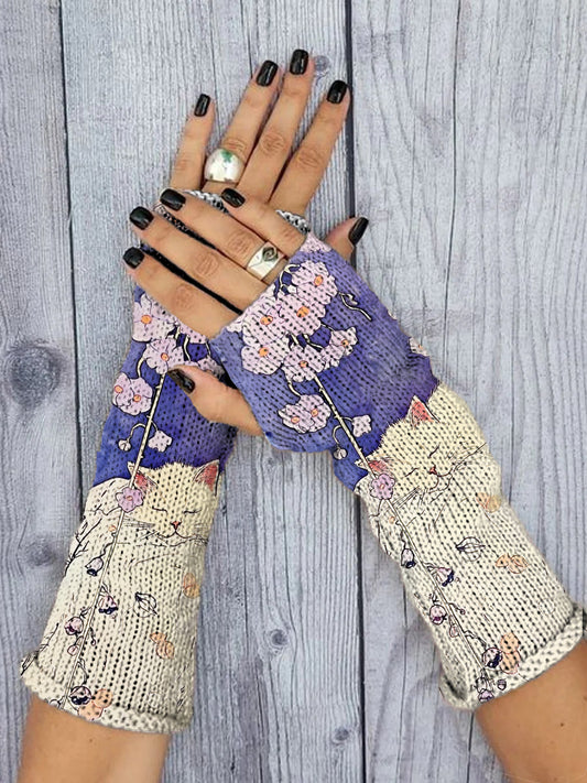 Women's Cat Floral Print Knitted Gloves