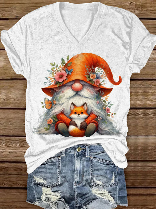 Fashionable Elegant Christmas Art Print V-Neck Short Sleeve T-Shirt Top