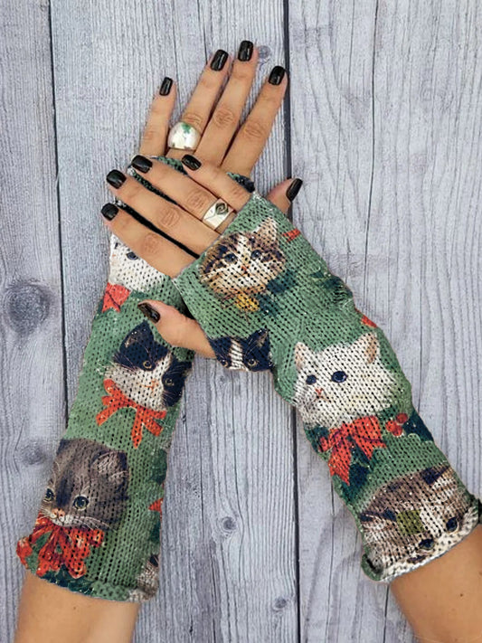 Women's Cat Print Knitted Gloves