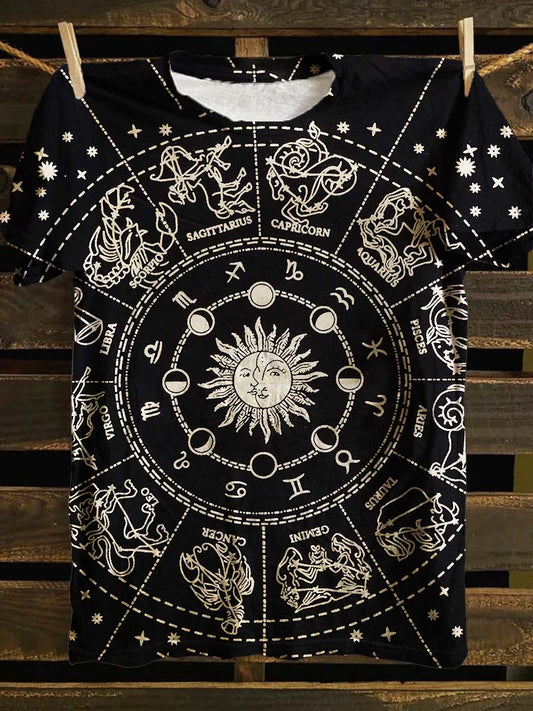 Unisex Tarot Sun and Moon Pattern Casual Crew Neck Short Sleeve T-shirt