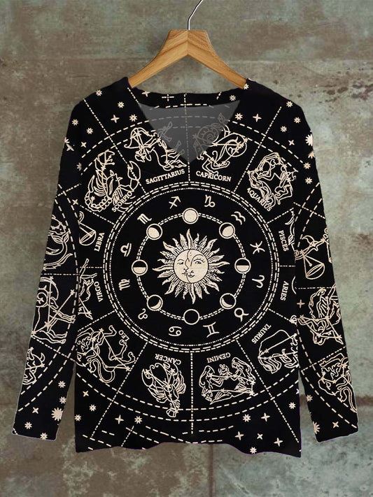 Unisex Tarot Sun And Moon Pattern Casual V-Neck Long Sleeve T-shirt