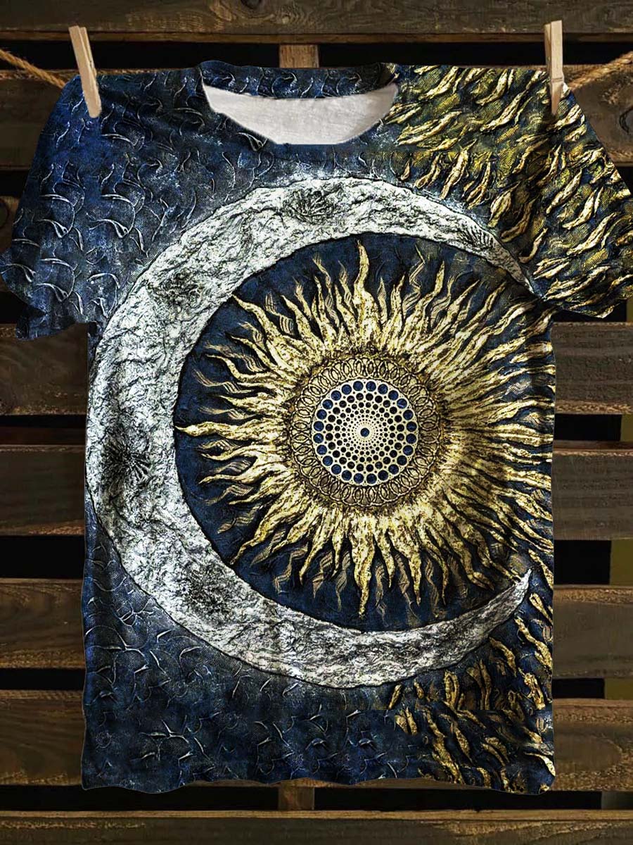 Unisex Tarot Sun and Moon Pattern Casual Round Neck Short Sleeve T-shirt