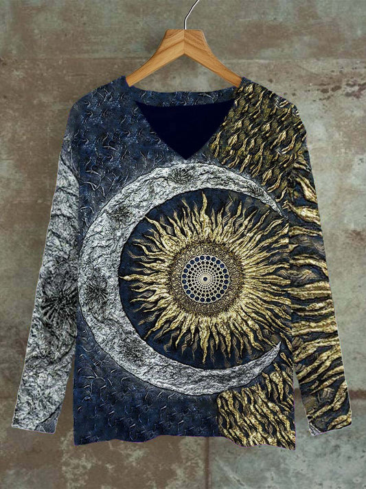 Unisex Tarot Sun And Moon Pattern Casual V-Neck Long Sleeve T-shirt