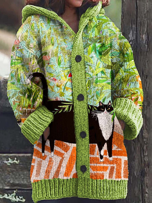 Women's Garden Cat Pattern Casual Comfortable Knitted Hooded Cardigan