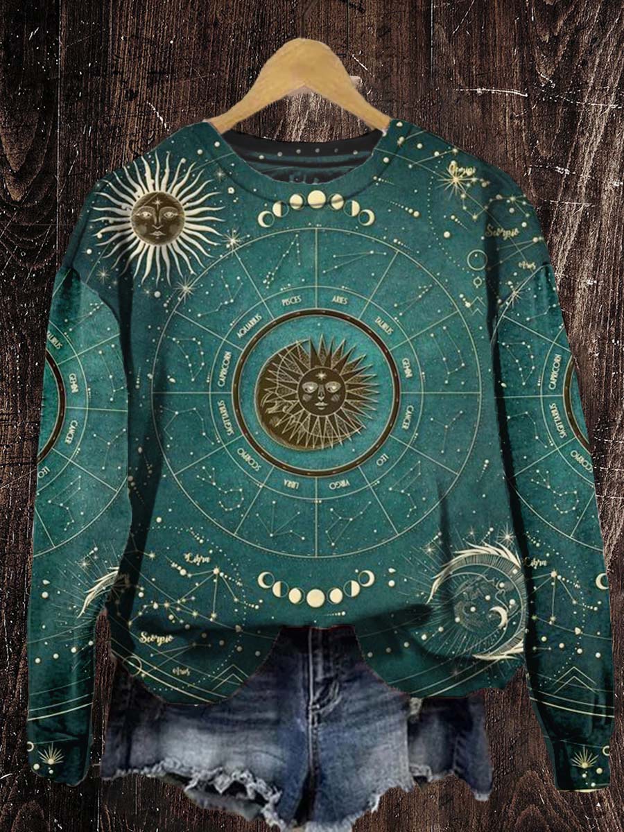 Unisex Tarot Sun And Moon Pattern Casual Round Neck Long Sleeve Sweatshirt