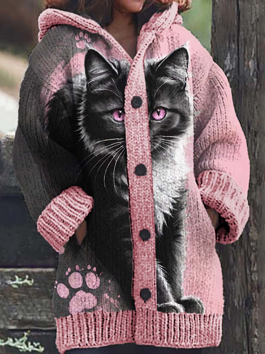 Women's Cat Pattern Casual Comfortable Knitted Hooded Cardigan