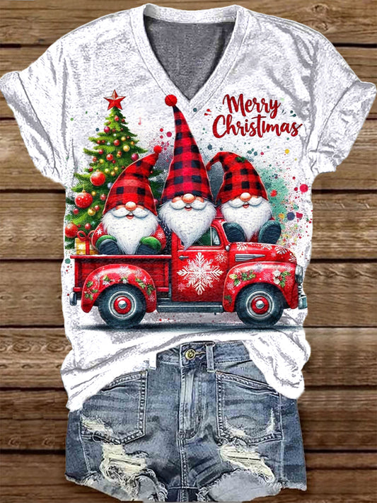 Unisex Christmas Gnome Pattern Casual V-Neck Short Sleeve T-Shirt