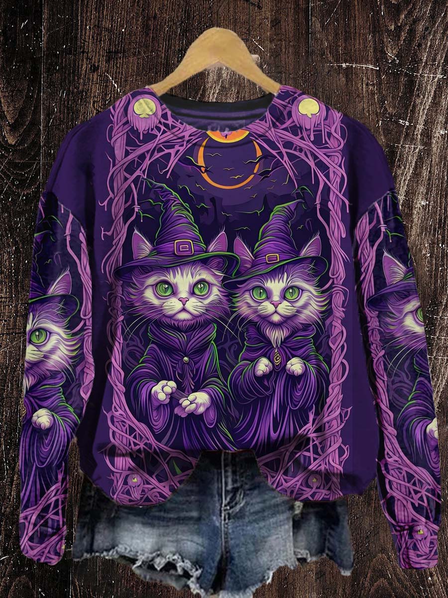 Unisex Tarot Card Witch Cat Pattern Casual Round Neck Long Sleeve Sweatshirt