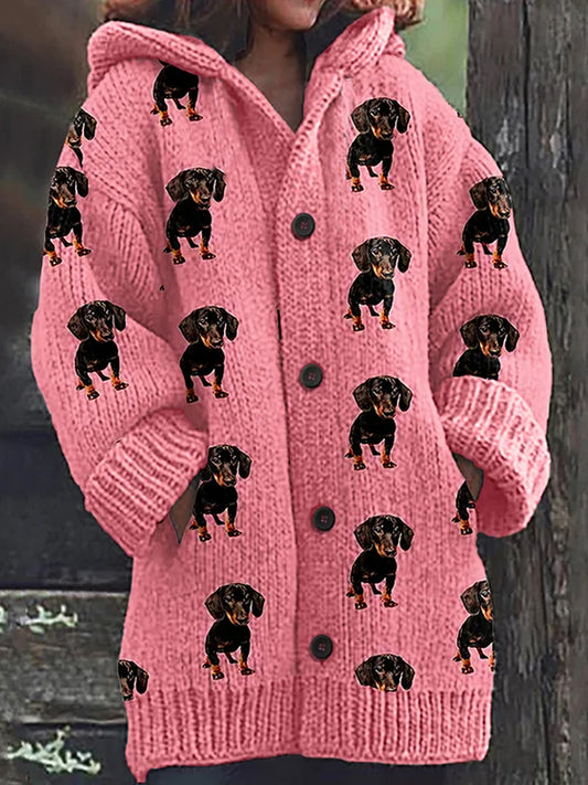 Women's Fashion Elegant Animal Art Puppy Print Button Thick Long Sleeve Hooded Cardigan