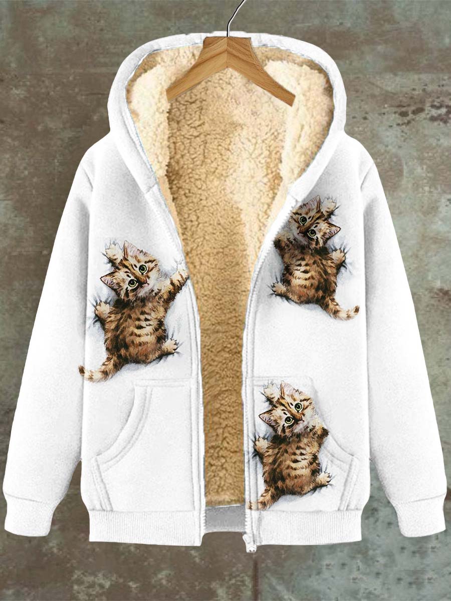 Women's Cat Pattern Hooded Pocket Zip Fleece Sweatshirt Jacket