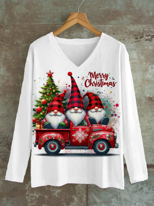 Unisex Christmas Gnome Pattern Casual V-Neck Long Sleeve T-Shirt