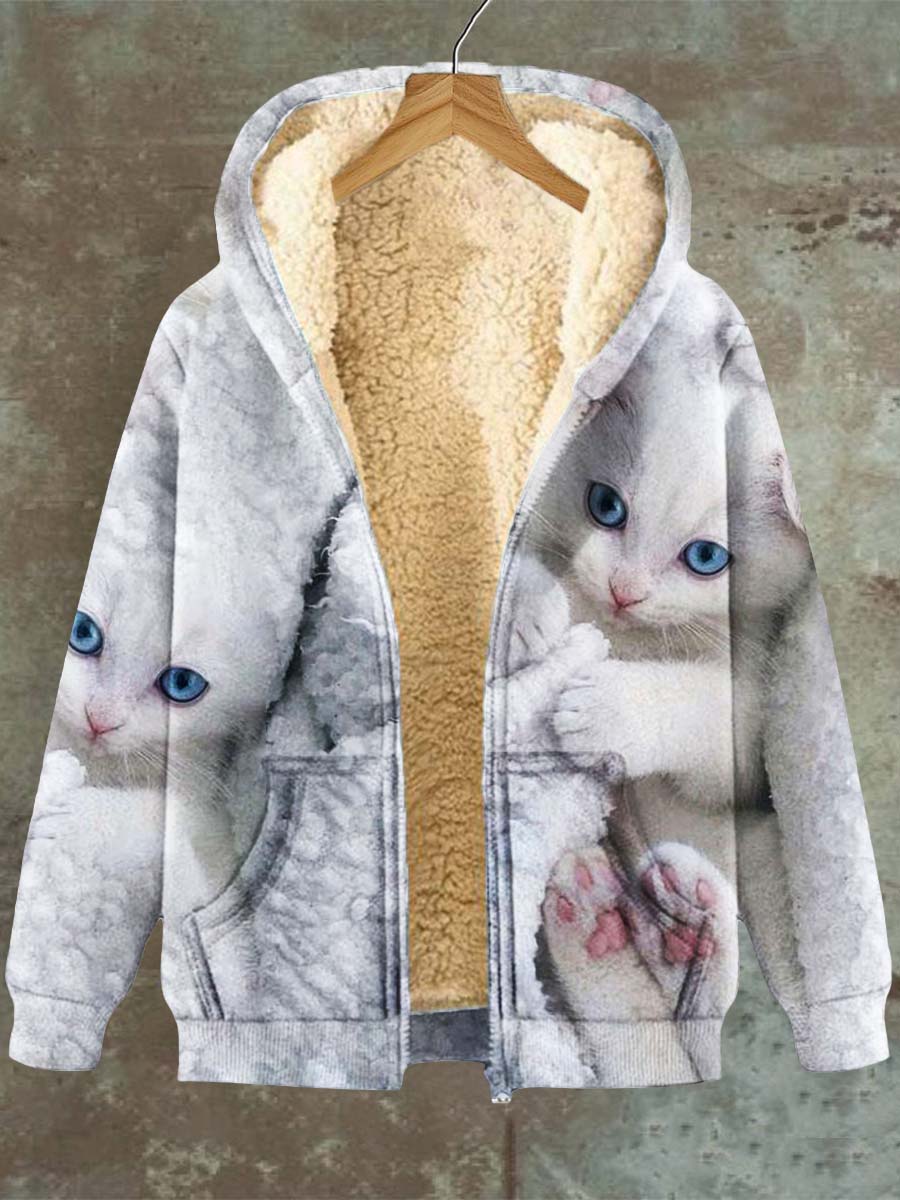 Women's Fun Quilt Cat Pattern Casual Hooded Pocket Zipper Fleece Sweatshirt Jacket