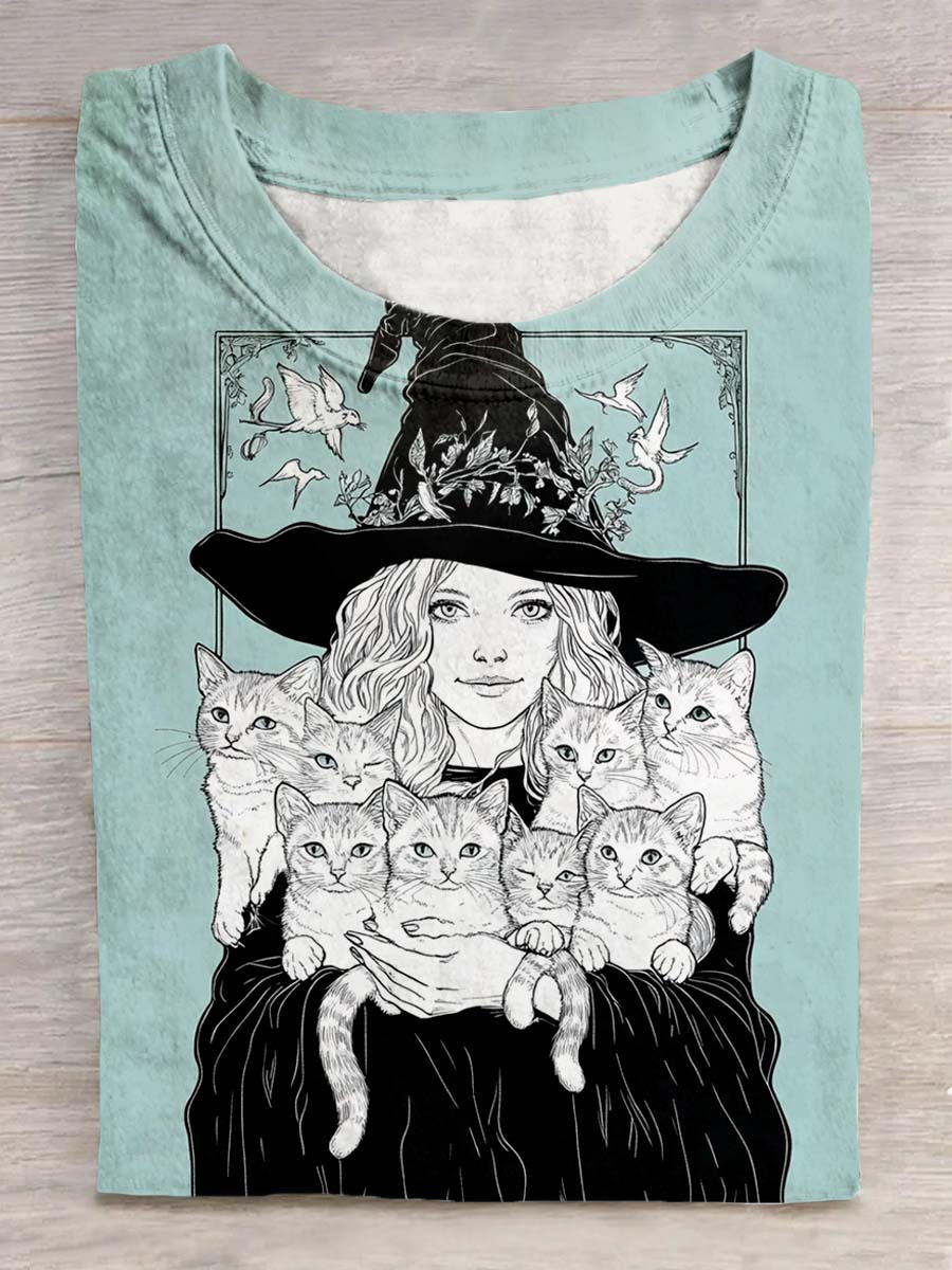 Unisex Tarot Witch Cat Pattern Casual Round Neck Short T-Shirt