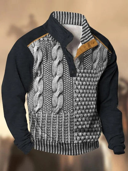 Retro Texture Pattern Printed Western Vintage Henry Button V-Neck Outdoor Thick Sweatshirt