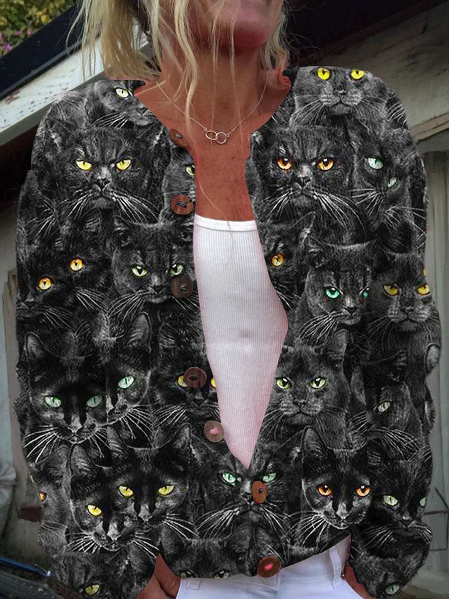 Women's Fashion Elegant Animal Art Cat Print Button Long Sleeve Sweater Cardigan