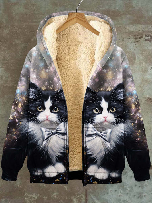 Women's Cat Pattern Hooded Pocket Zip Fleece Sweatshirt Jacket