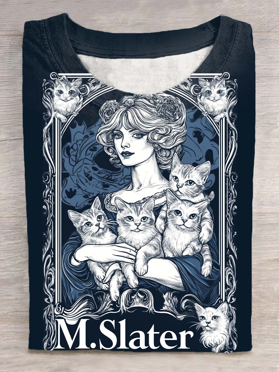 Unisex Cat Animal Tarot Card Pattern Casual Round Neck Short T-Shirt