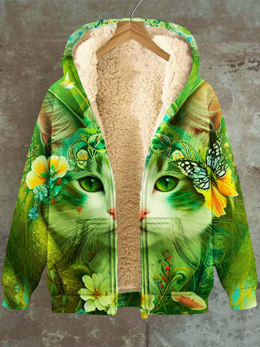 Women's Cat Floral Butterfly Pattern Casual Hooded Pocket Zip Fleece Sweatshirt Jacket