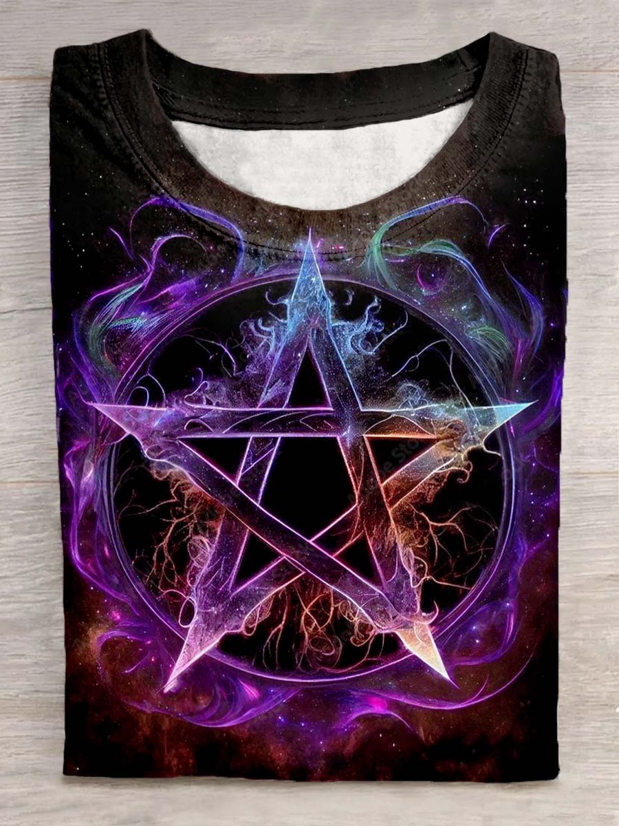 Unisex Tarot Pentacle Pattern Casual Round Neck Short T-Shirt