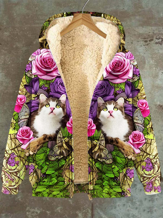 Women's Cat Plant Floral Pattern Casual Hooded Pocket Zip Fleece Sweatshirt Jacket