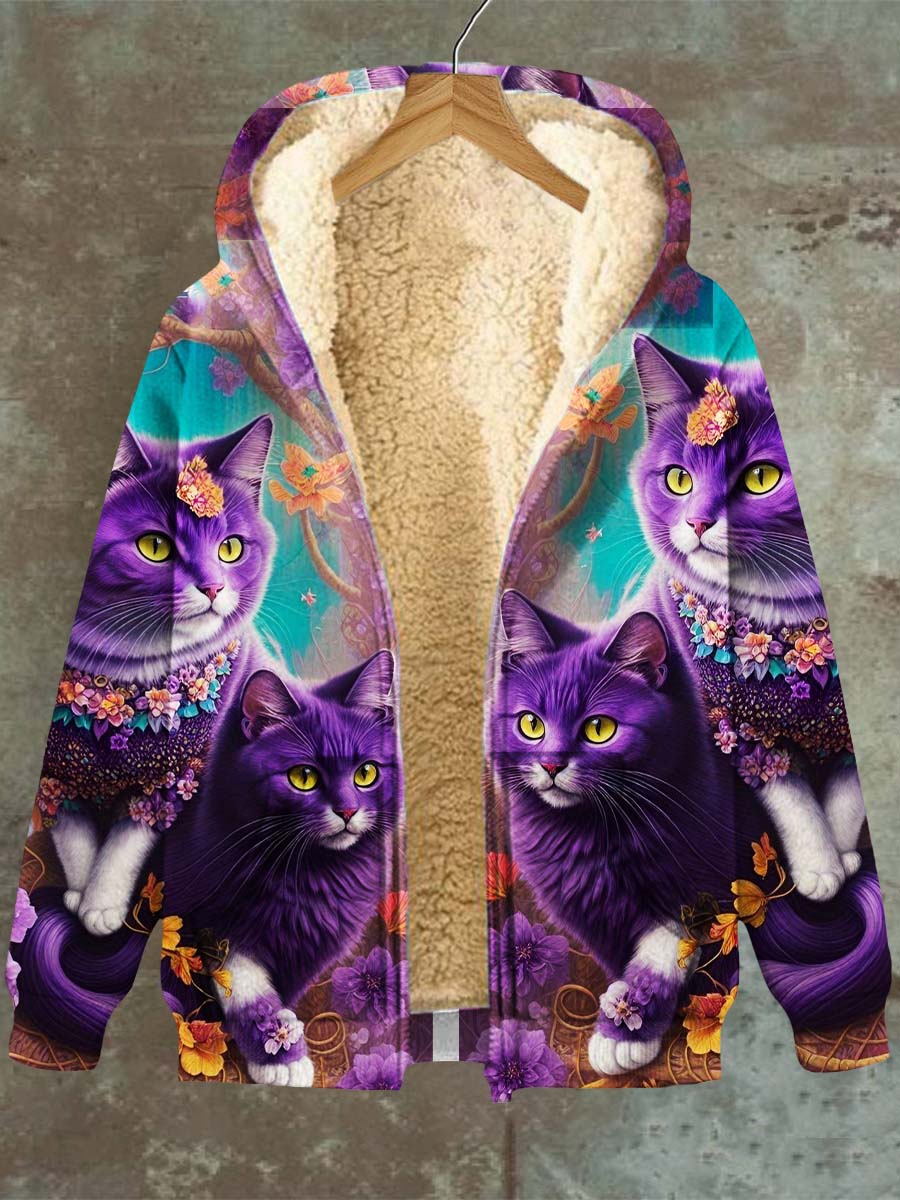 Women's Cat Pattern Hooded Pocket Zip Fleece Sweatshirt Jacket