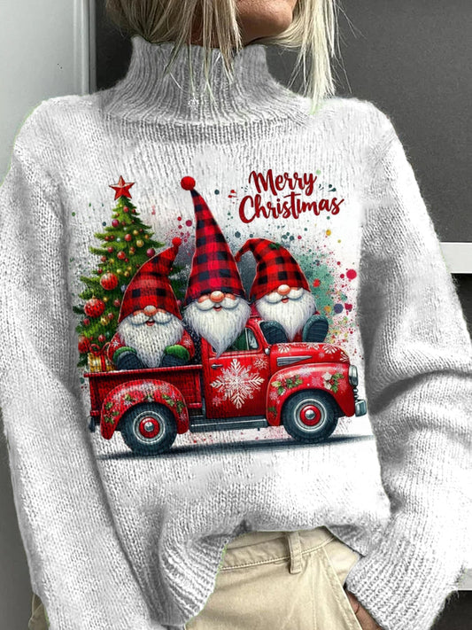 Women's Christmas Gnome Pattern Casual Warm Turtleneck Sweater