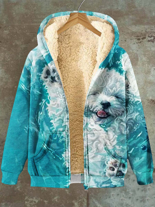 Women's Dog Pattern Casual Hooded Pocket Zip Fleece Sweatshirt Jacket