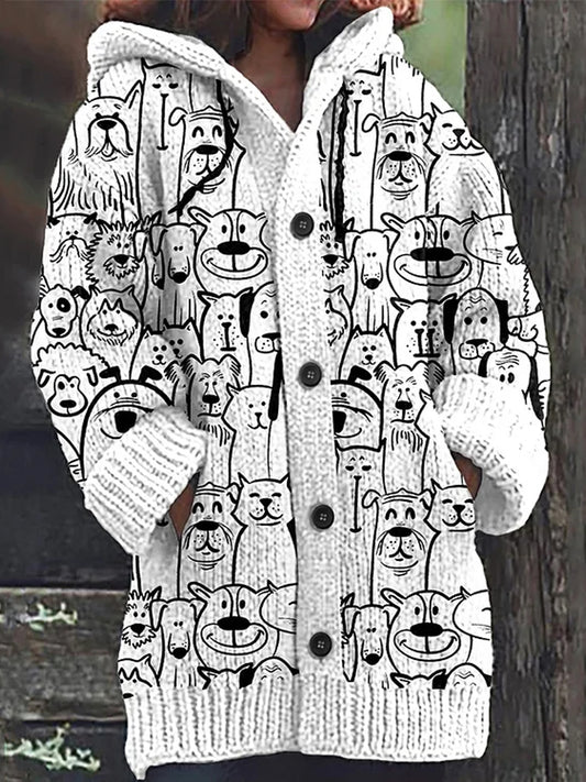 Women's Fashion Elegant Animal Art Puppy Print Button Thick Long Sleeve Hooded Cardigan