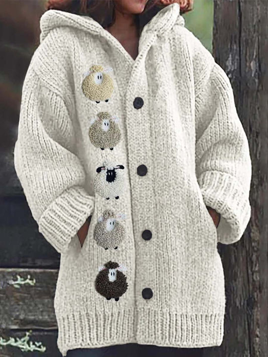 Women's Plain Sheep Pattern Casual Comfortable Knitted Hooded Cardigan