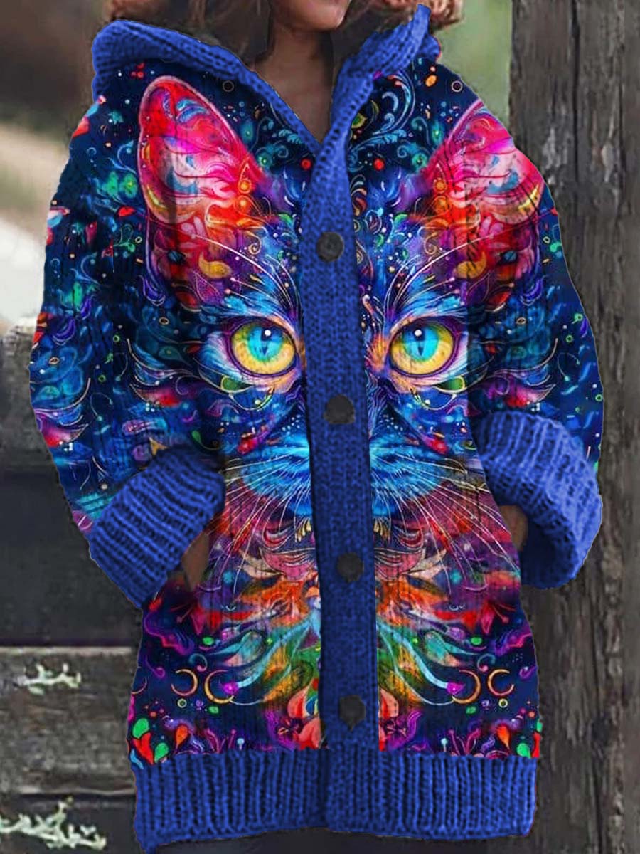 Women's Cat Pattern Casual Comfortable Knitted Hooded Cardigan