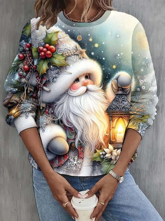 Women's Fashion Elegant Christmas Art Print Long Sleeve Casual Sweatshirt