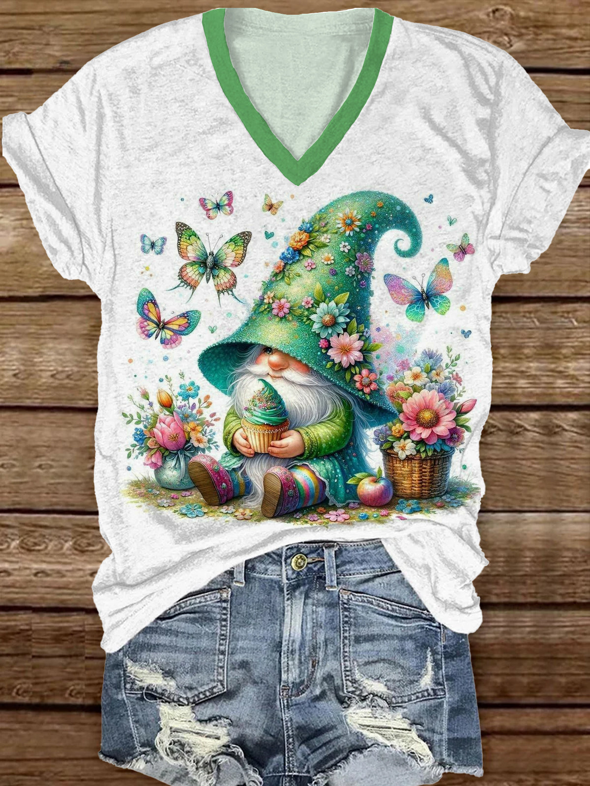 Fashionable And Elegant Art Print V-Neck Short-Sleeved T-Shirt