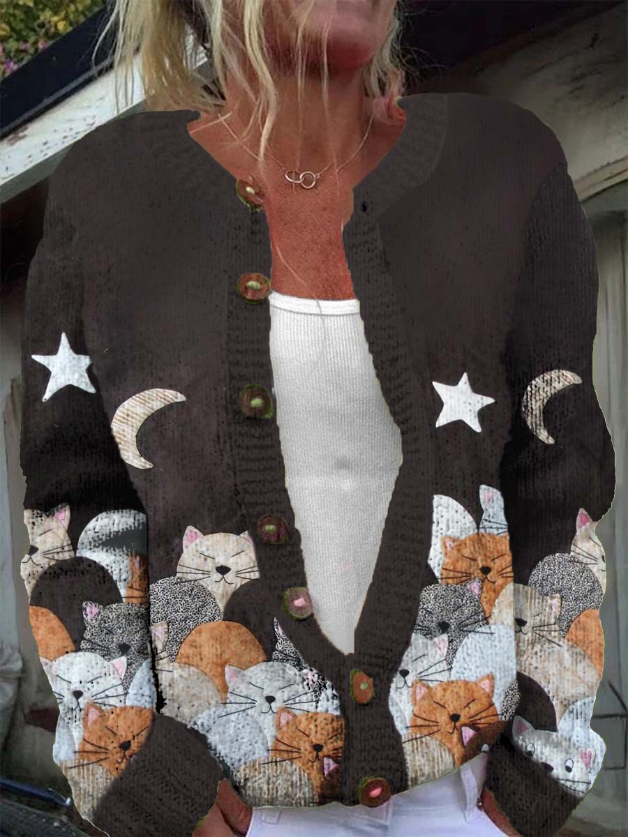 Women's Cat Moon Star Pattern Knitted Casual Warm Cardigan