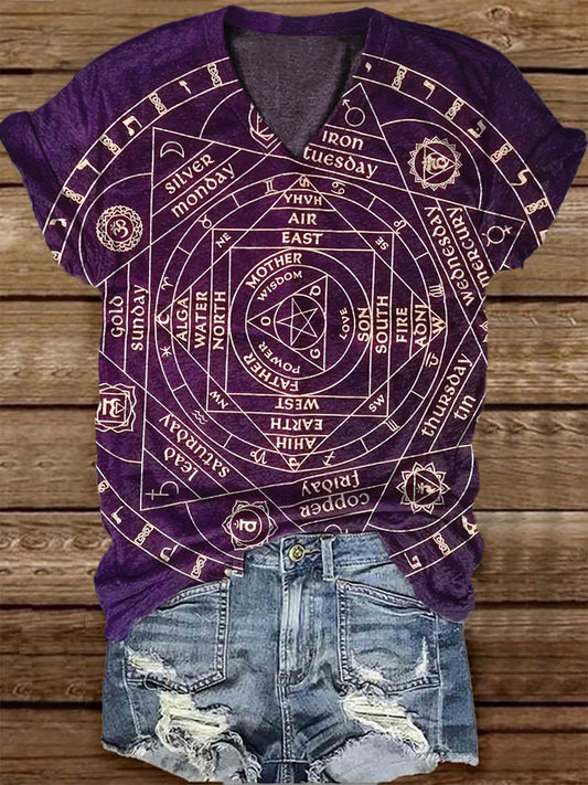 Unisex Tarot Card Healing Divination Pattern Casual V-Neck Short Sleeve T-Shirt