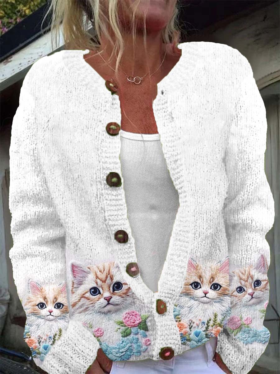 Women's Vintage Cat Embroidered Knitted Casual Warm Cardigan