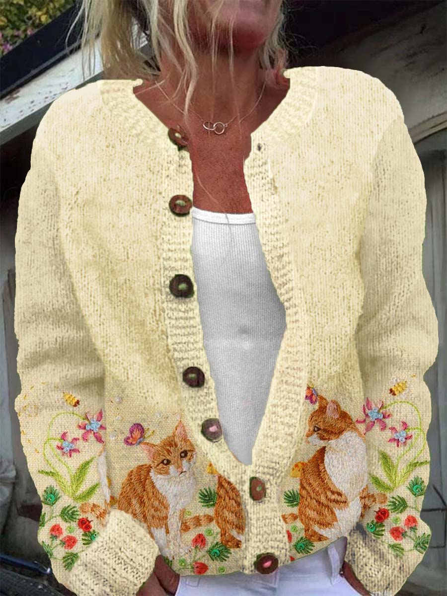 Women's Vintage Cat Embroidered Knitted Casual Warm Cardigan