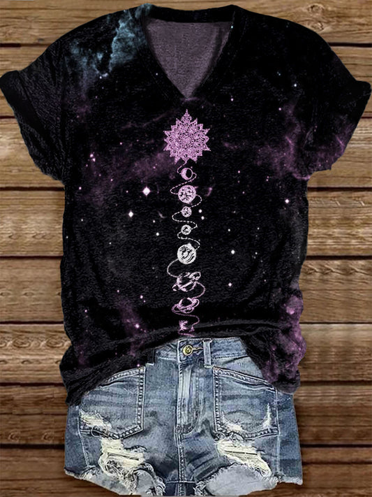 Unisex Tarot Card Astral Pattern Casual V-Neck Short Sleeve T-Shirt