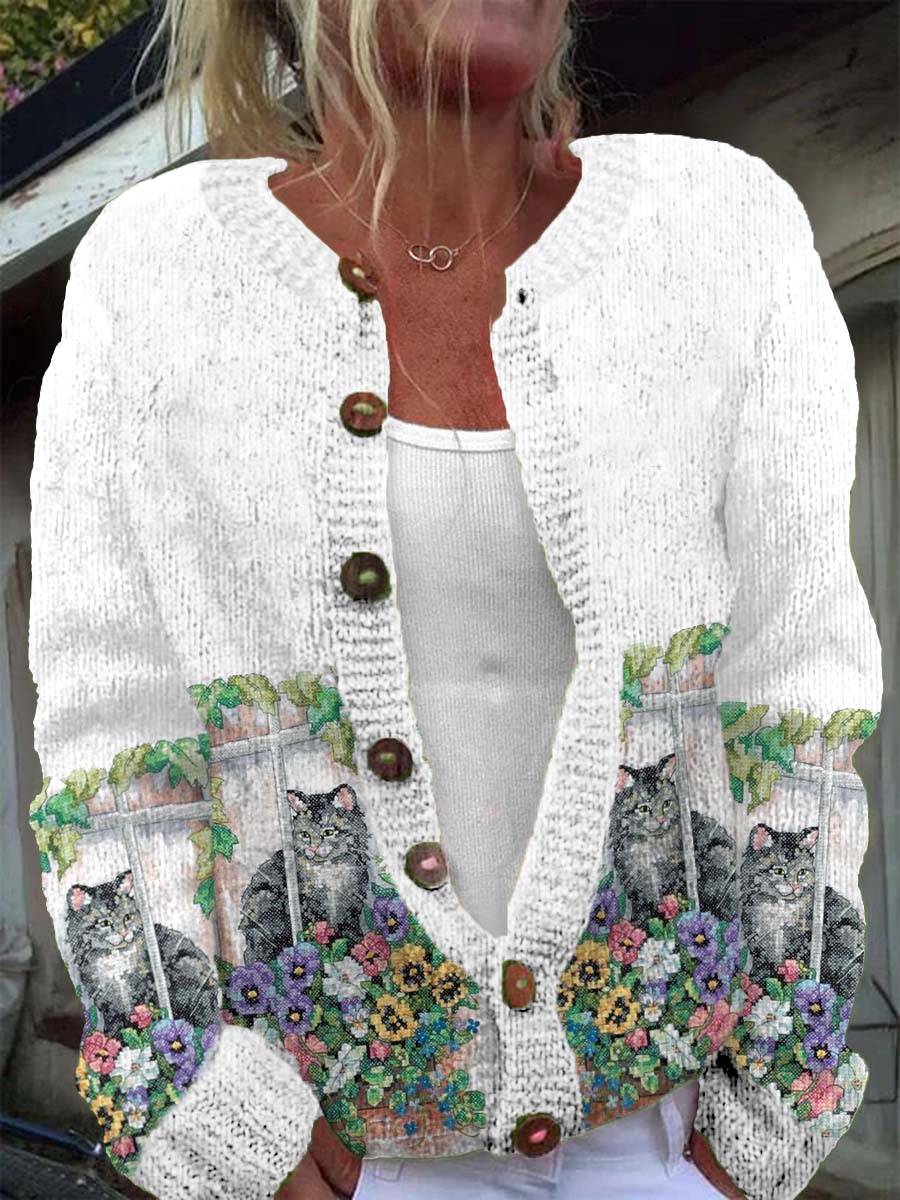 Women's Vintage Cat Embroidered Knitted Casual Warm Cardigan