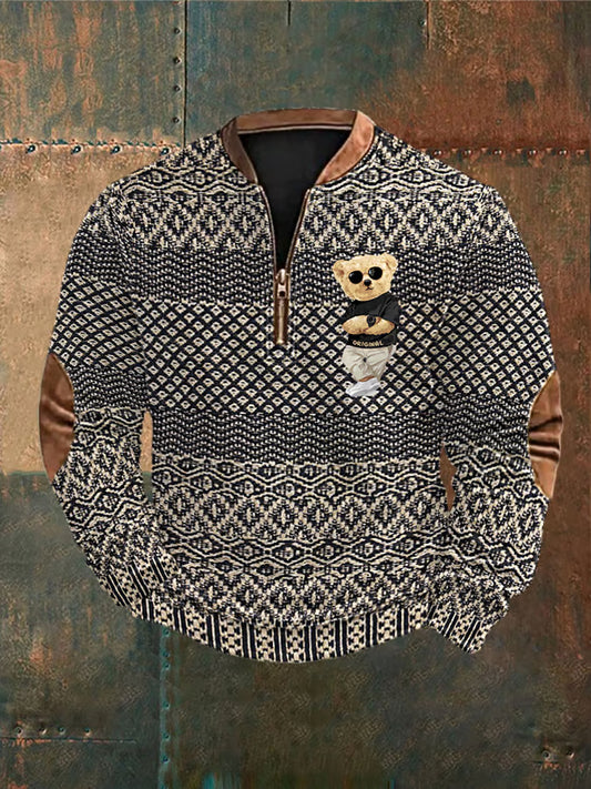 Men's Vintage Country Western Art Print Design V-Neck Zipper Long Sleeve Sweater Sweatshirt