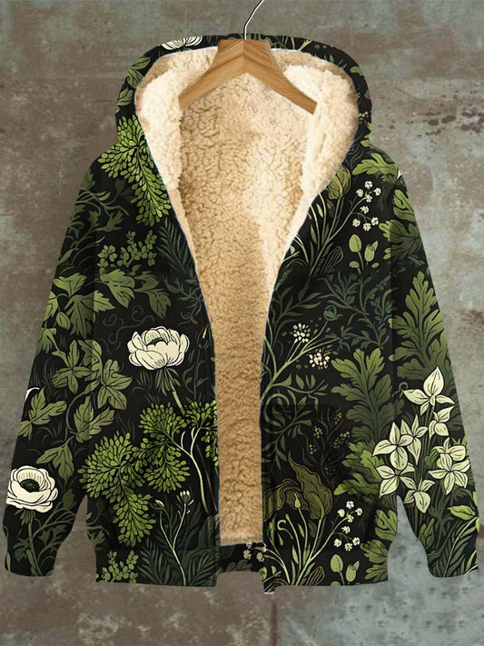 Women's Retro Floral Pattern Casual Hooded Pocket Zip Fleece Sweatshirt Jacket