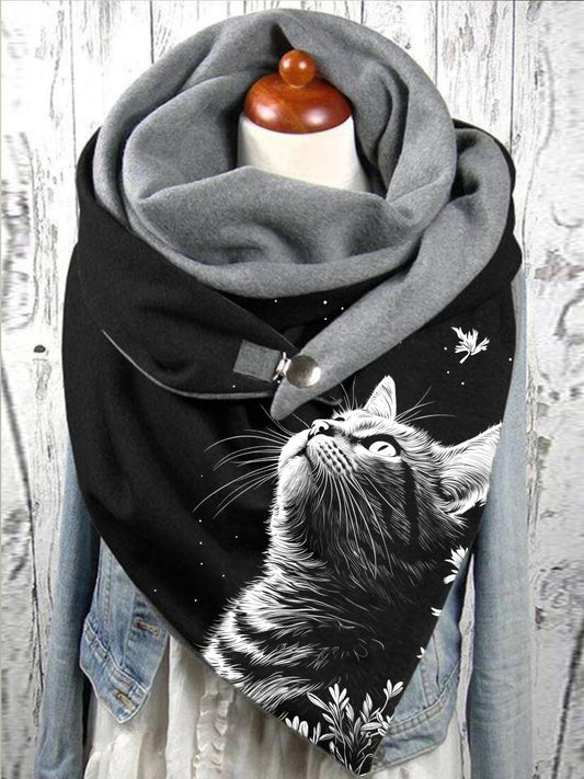 Women's Cat Botanical Print Casual Warm Scarf