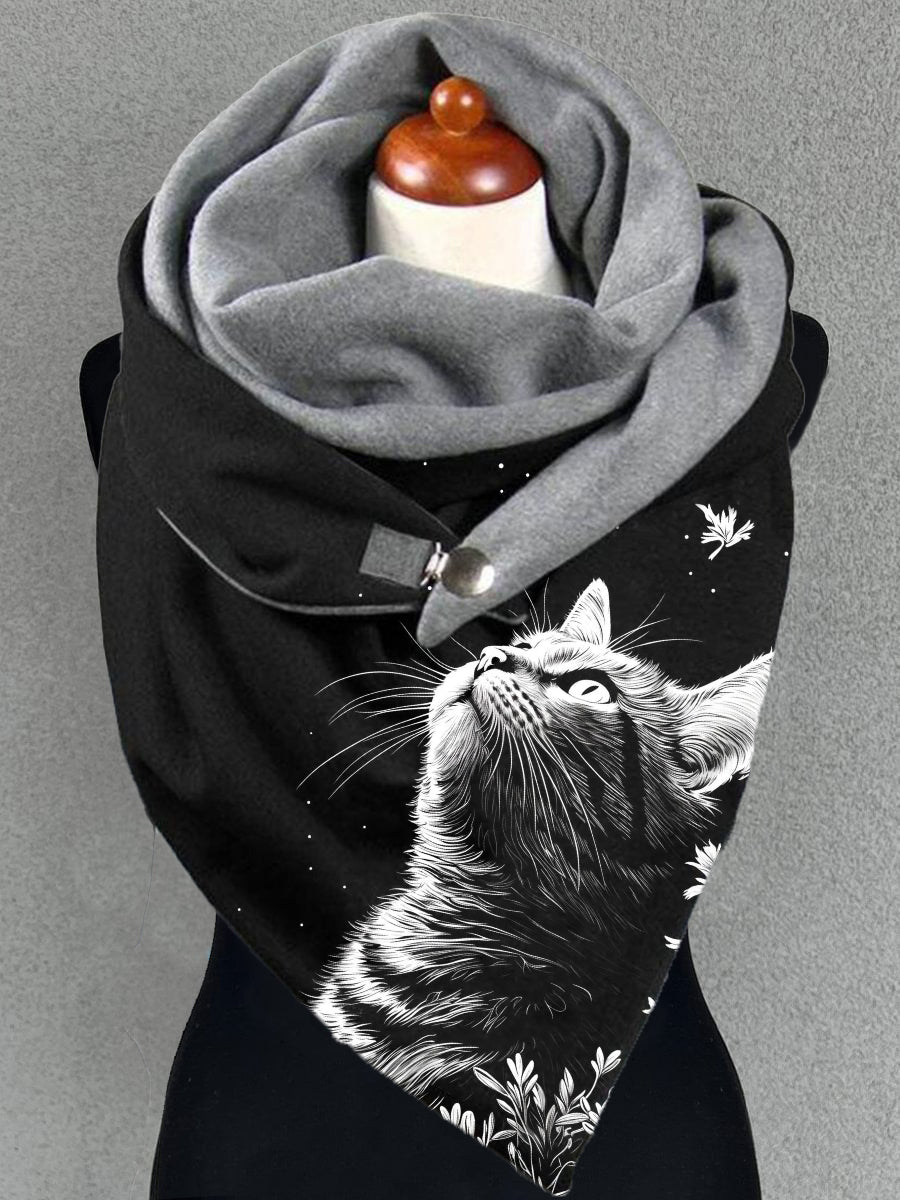 Women's Cat Botanical Print Casual Warm Scarf